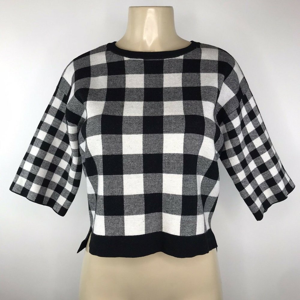 Karen Millen Checkered Knit Top Size 2 Black White Plaid Back Buttons Sweater